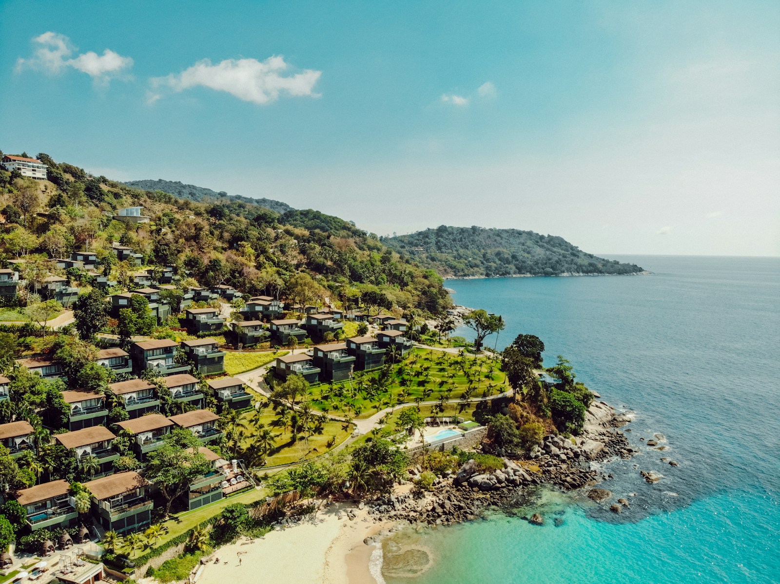Aerial view of beachfront homes near Karon and Kata Noi